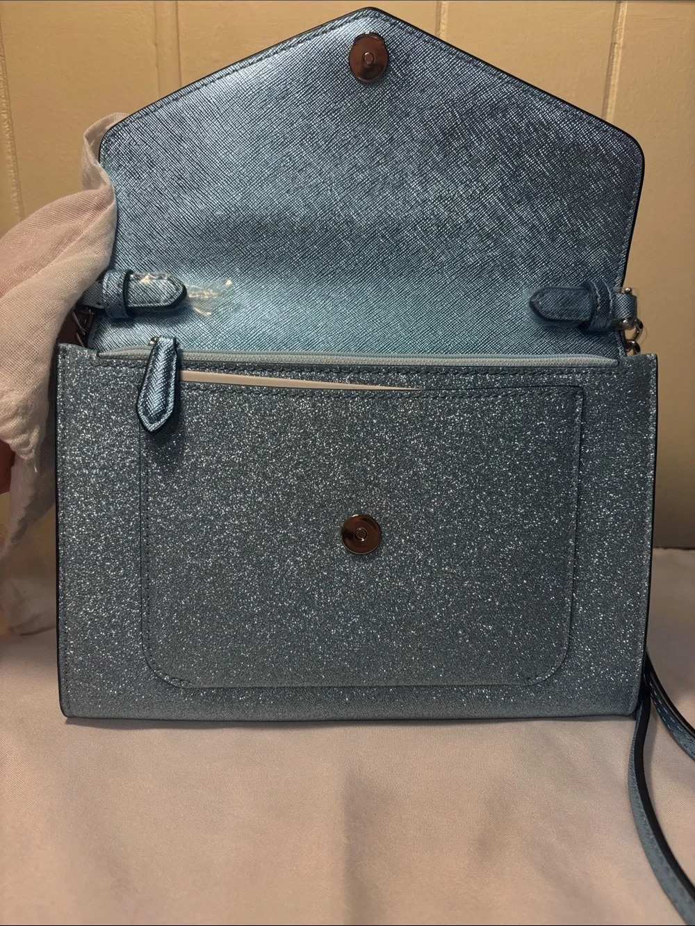 NWT Kate Spade Tinsel Flap Crossbody in Frosty Sky Blue – Incl Factory Packing!